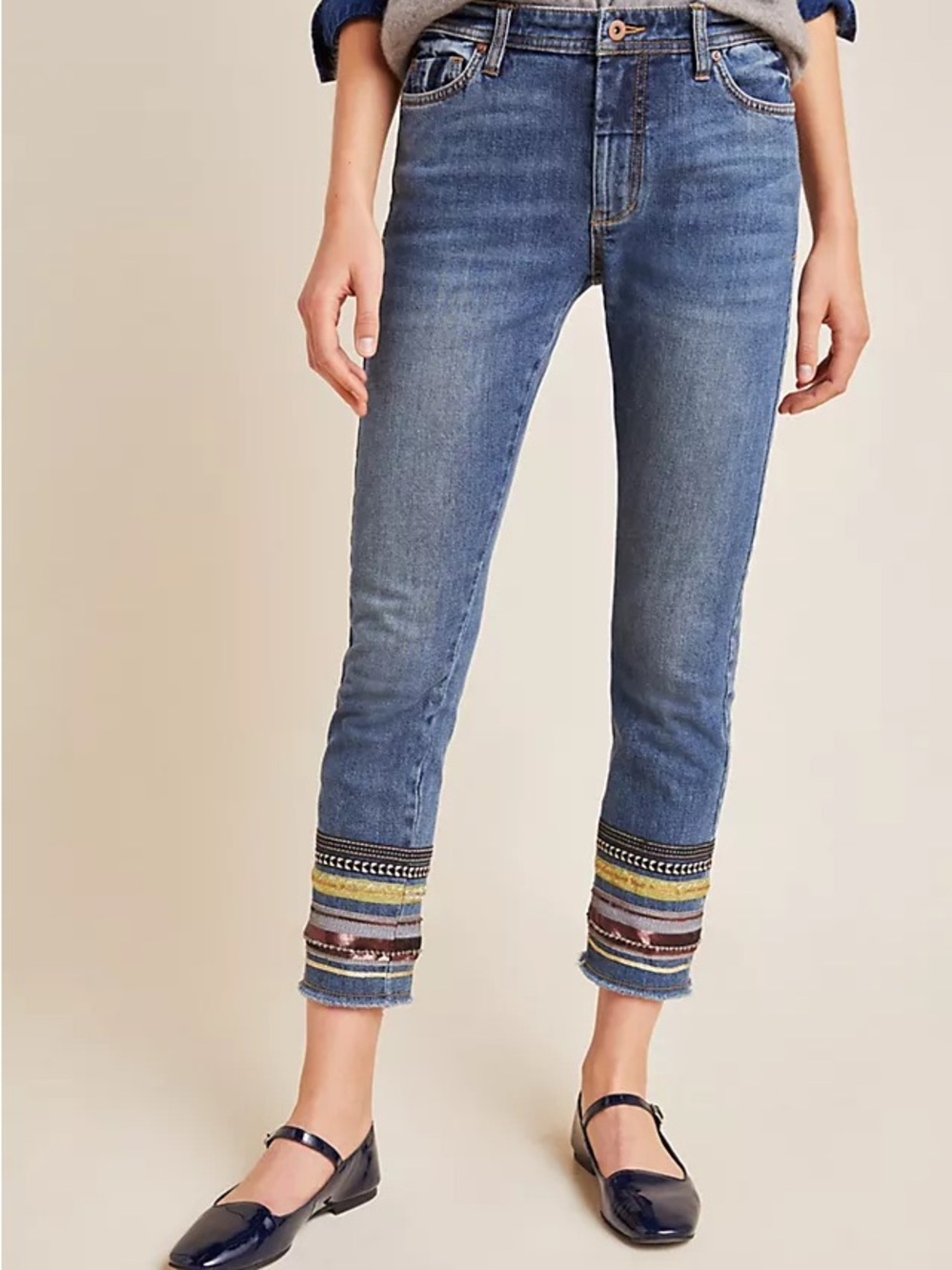 Pilcro and the Letterpress Blue Cropped Jeans with Embroidered Hem size 28